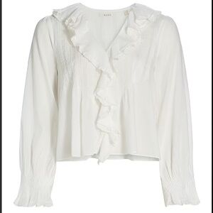 DÔEN Hardy Pintuck Cotton Shawl-Collar Blouse White Ruffle Detail Blouse Doen